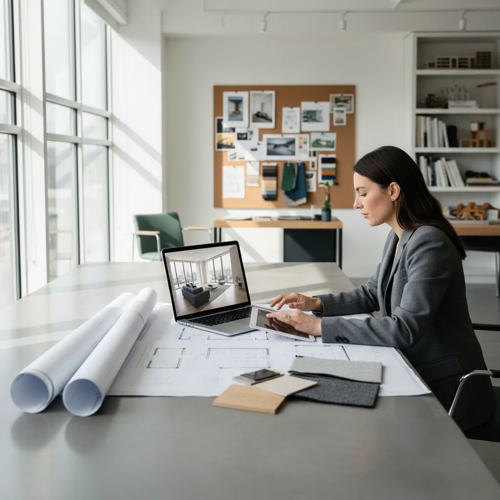 Diseñador analizando la distribución de un salón residencial