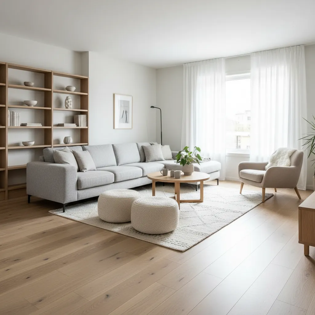 Salón residencial con distribución equilibrada y circulación clara