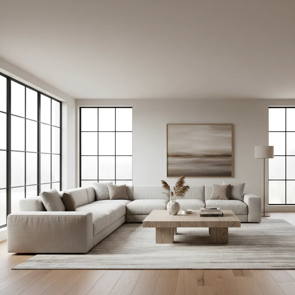Salón moderno inspirado en diseño de revista con sofá, mesa de centro y buena iluminación natural