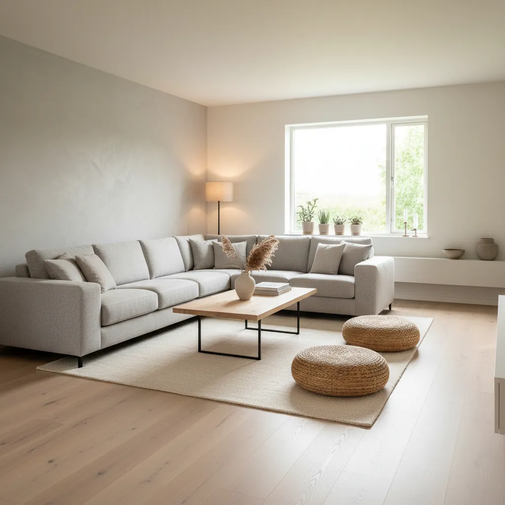 Modern living room featuring a large grey sofa wood coffee table two footrests and windows