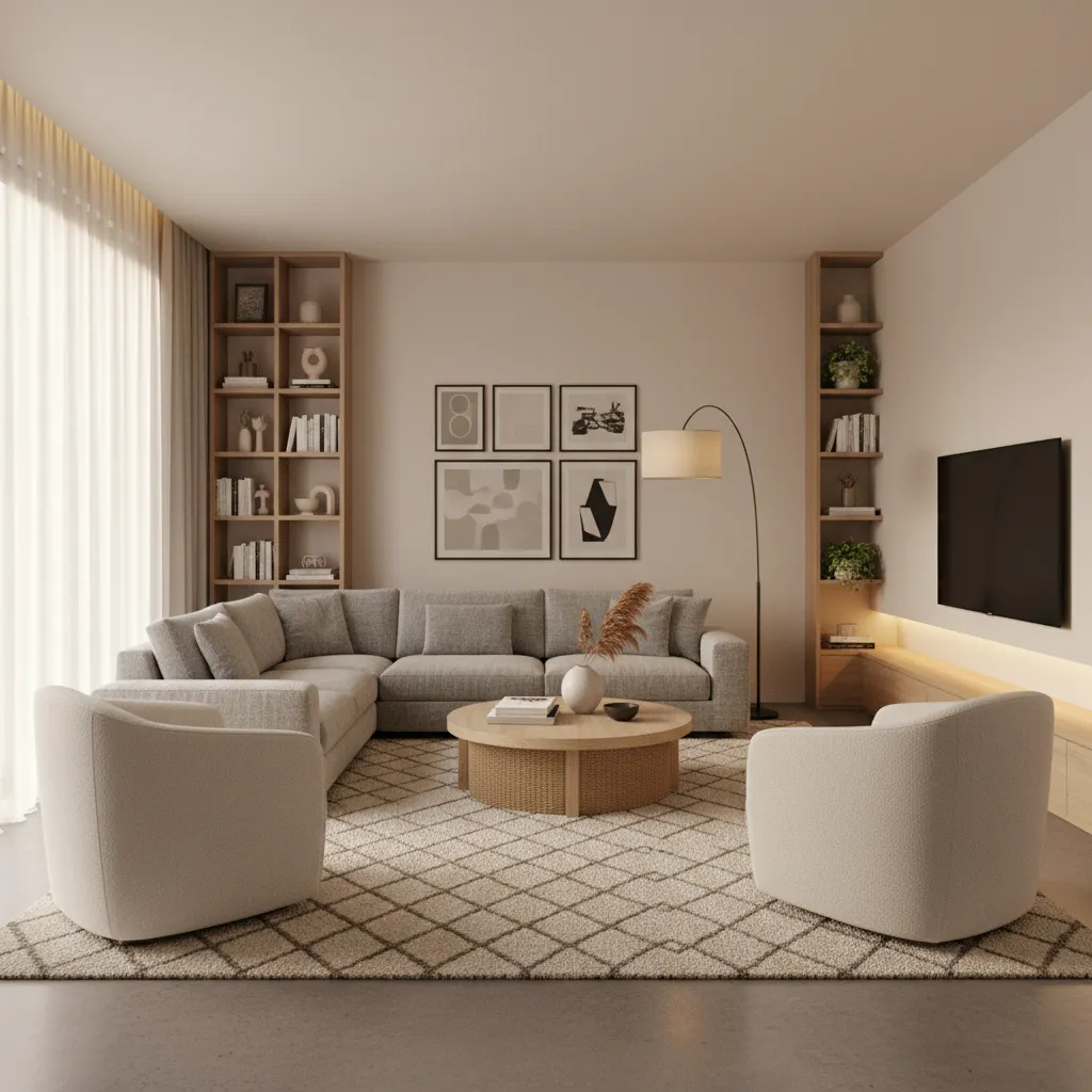 Distribución de salón con sofá frente a televisión y espacio de circulación