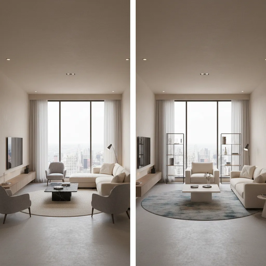 Comparación de diferentes distribuciones de muebles en un salón