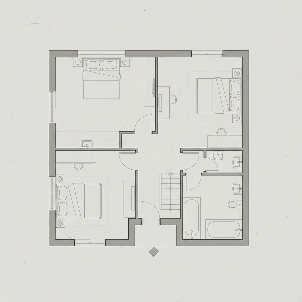 Plano de segunda planta con dormitorios y baño familiar