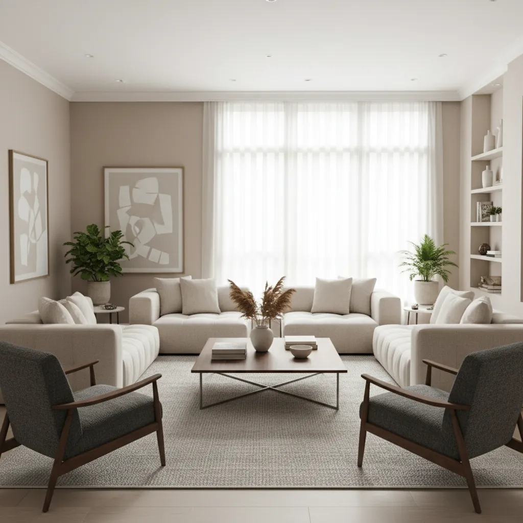 Distribución de salón con sofá central y zona de conversación