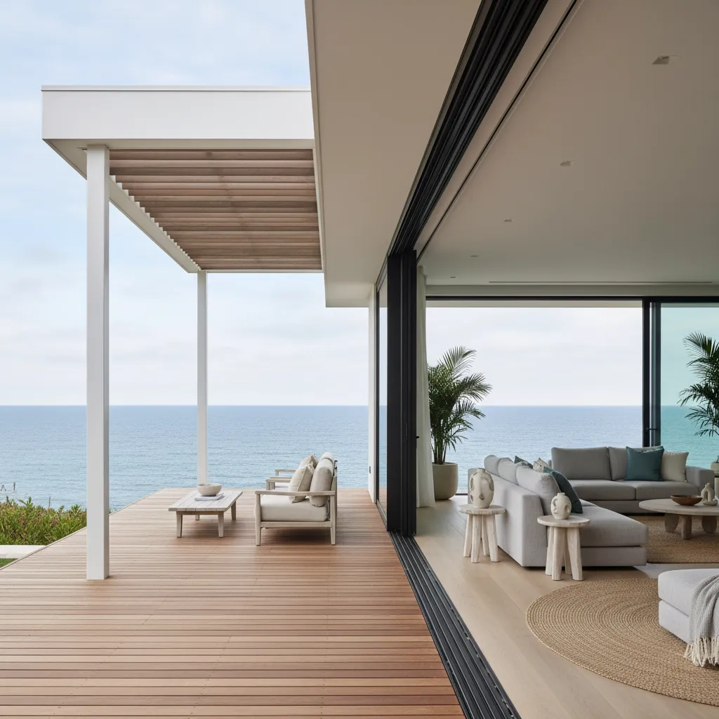 Casa de playa con transición entre terraza, porche y salón interior