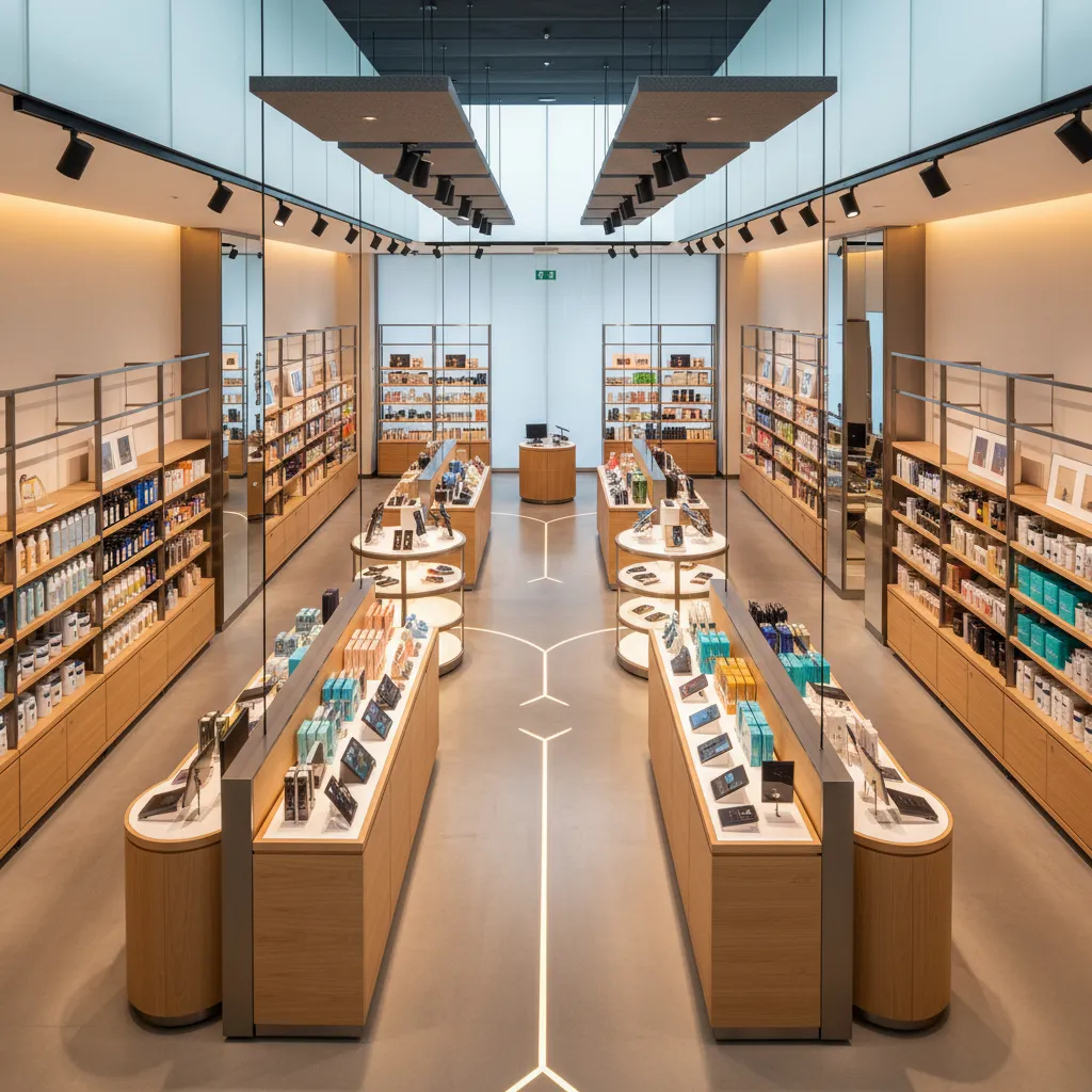 Distribución interior de tienda con recorrido guiado para clientes