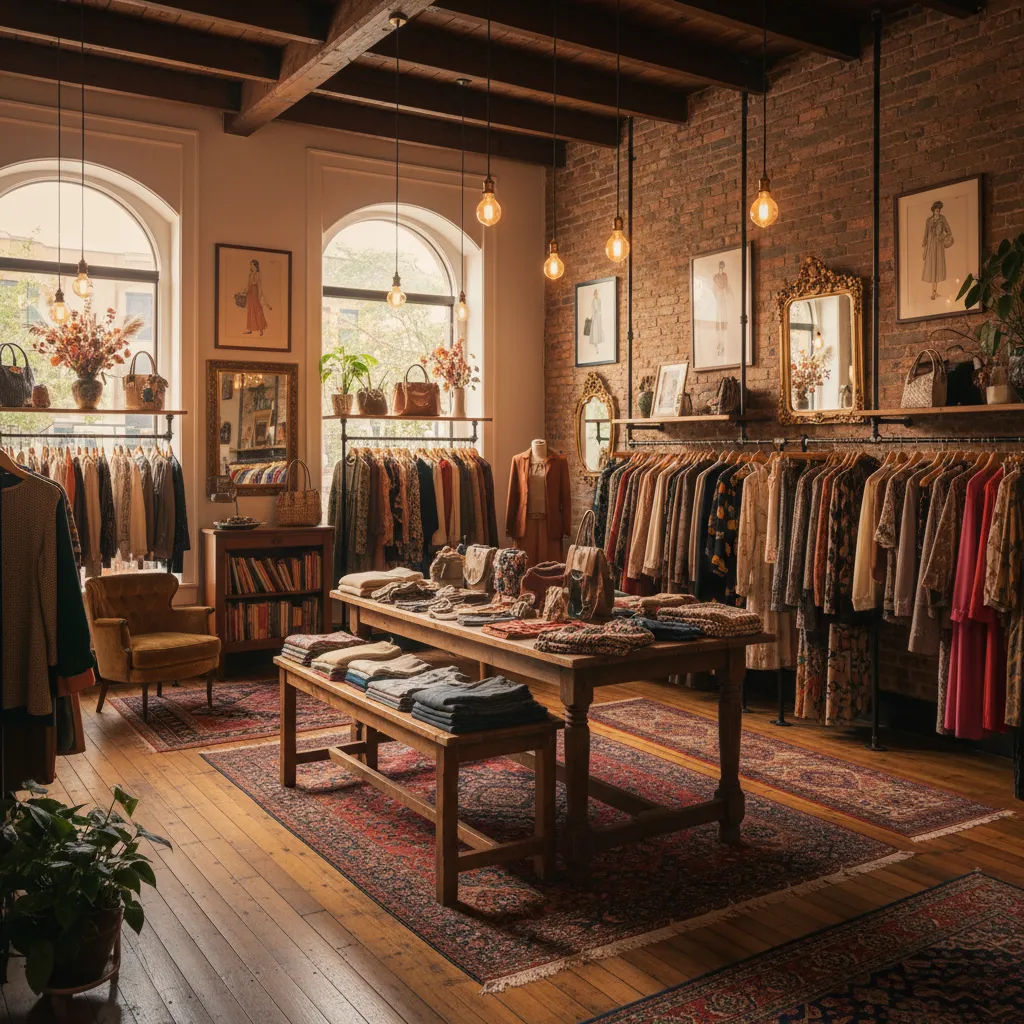 Distribución interior de una tienda de ropa vintage con mesas y percheros