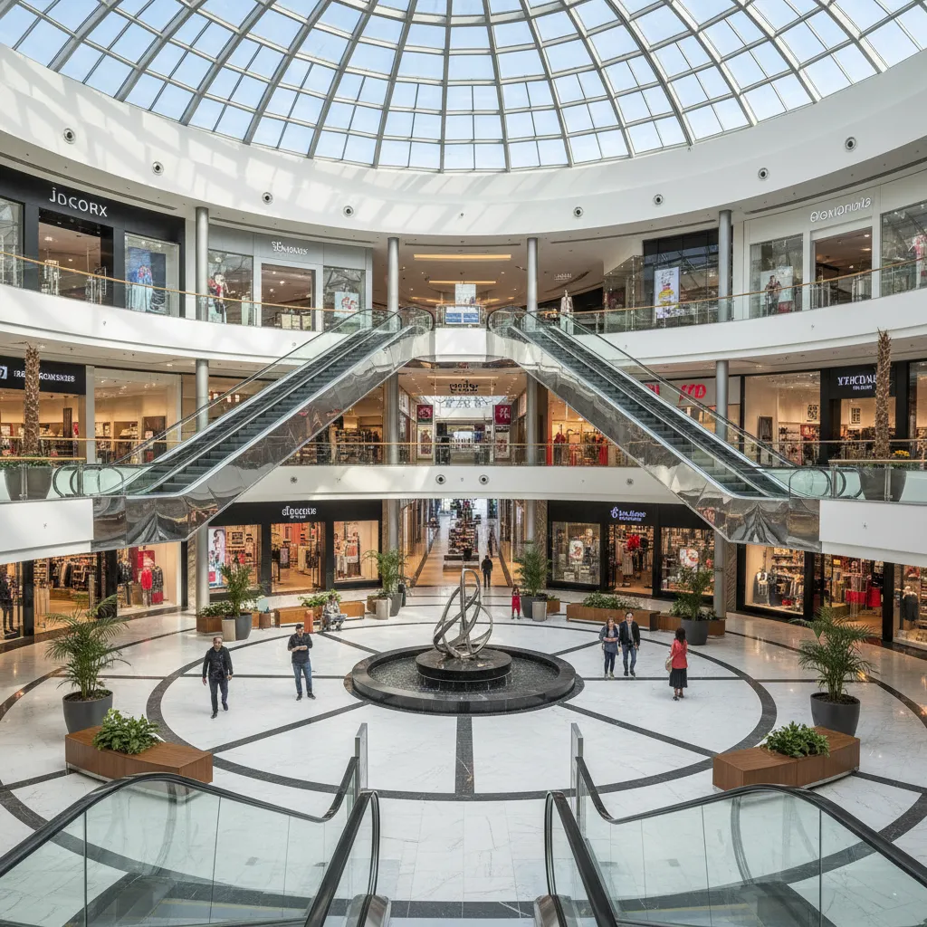Vista amplia de un centro comercial con diferentes tiendas organizadas alrededor de un atrio