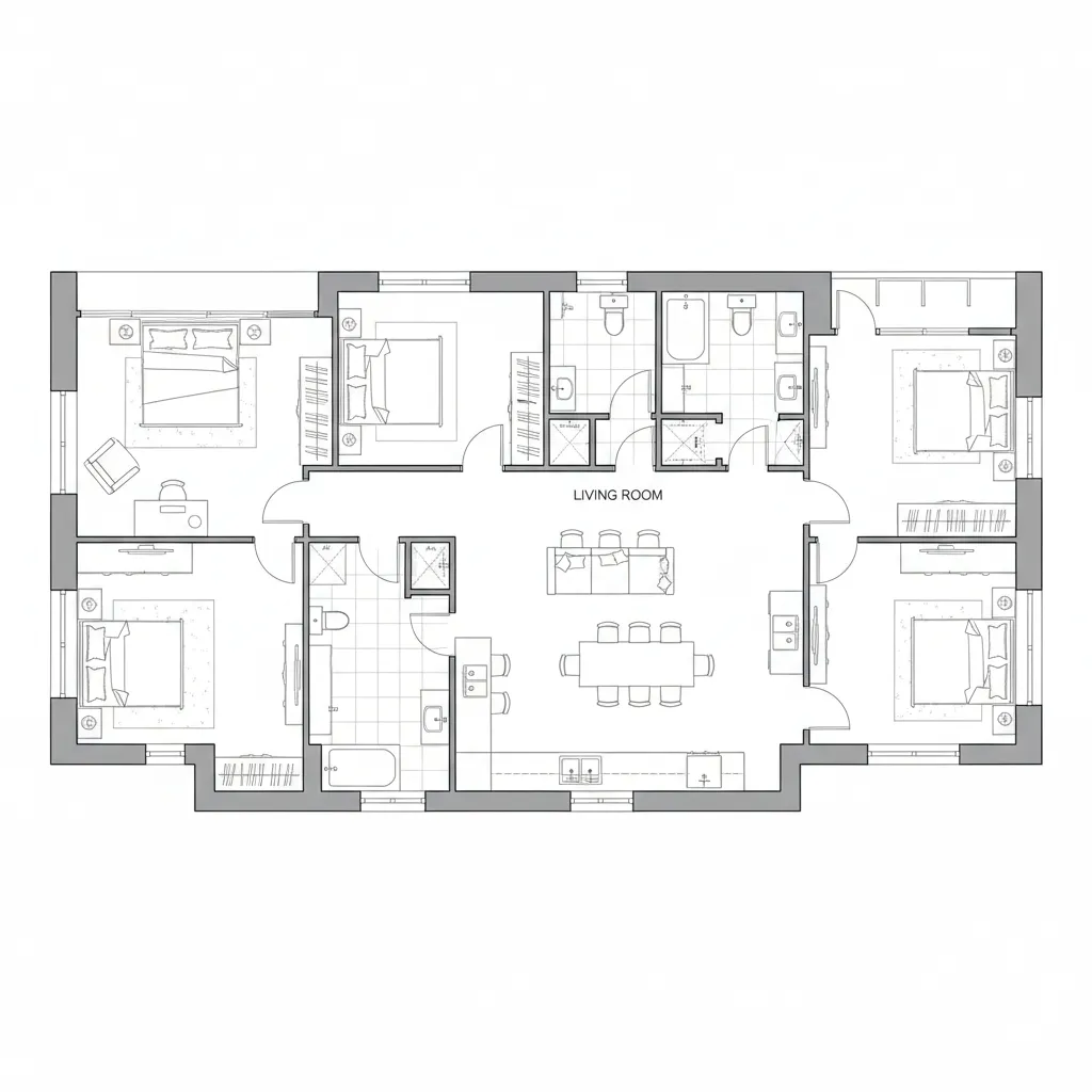 Interior design drawing showing a floor plan with three bedrooms living room bathrooms and kitchen