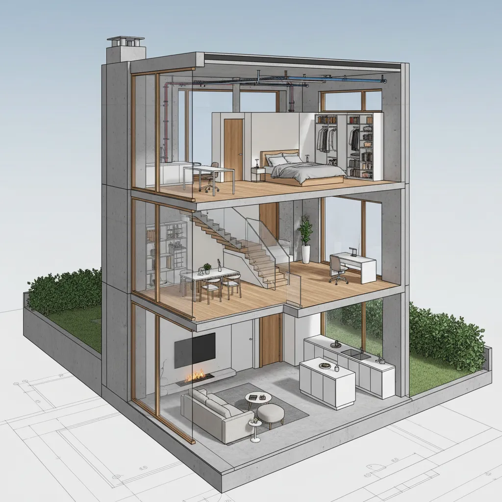 Three story interior design drawing showing living room dining area and bedroom with wooden stairs