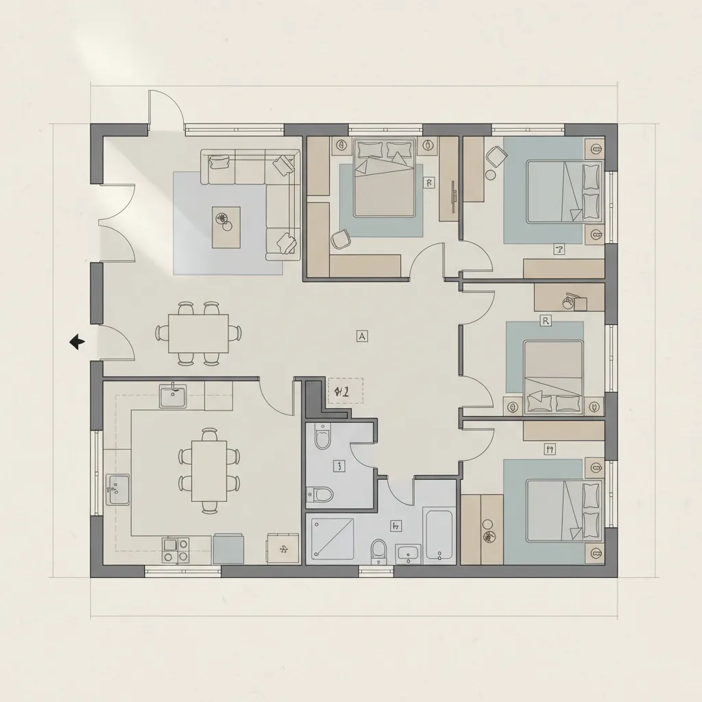 Plano de casa mostrando zonas de día y de noche claramente separadas