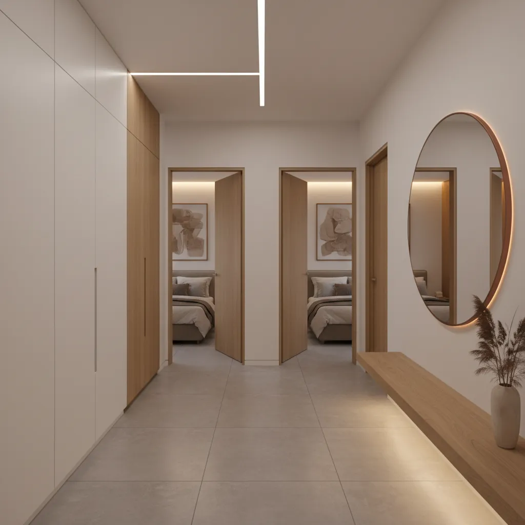 Pequeño distribuidor central conectando tres dormitorios