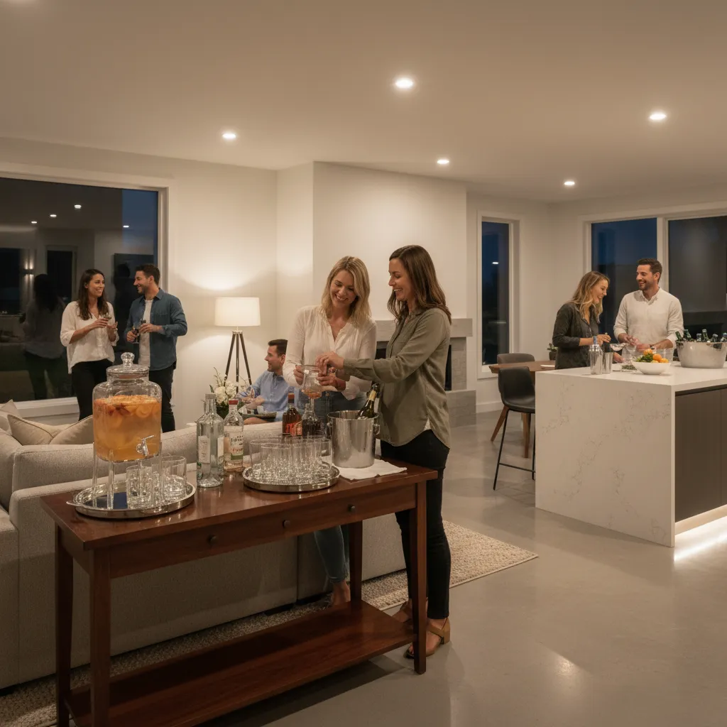Small house party with two drink stations in different rooms reducing congestion