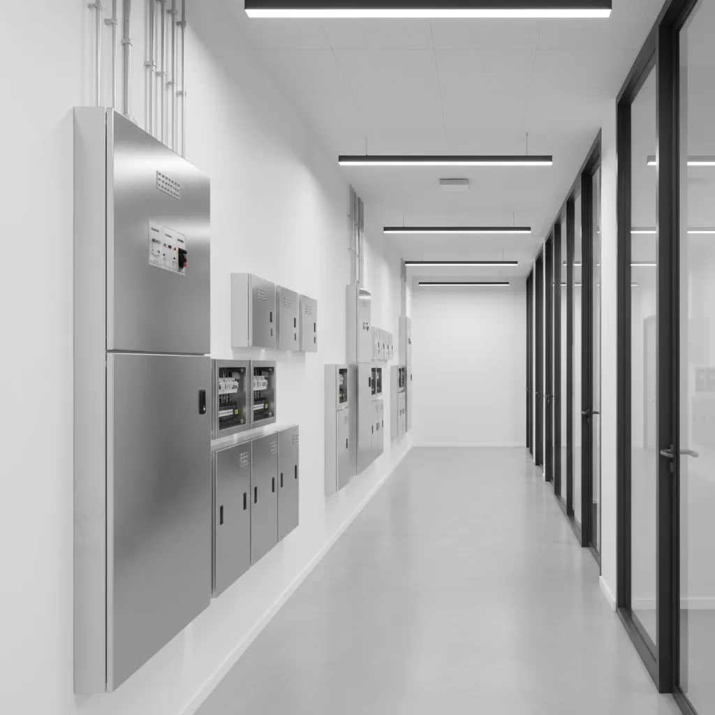 Electrical distribution panels installed in a modern commercial building corridor