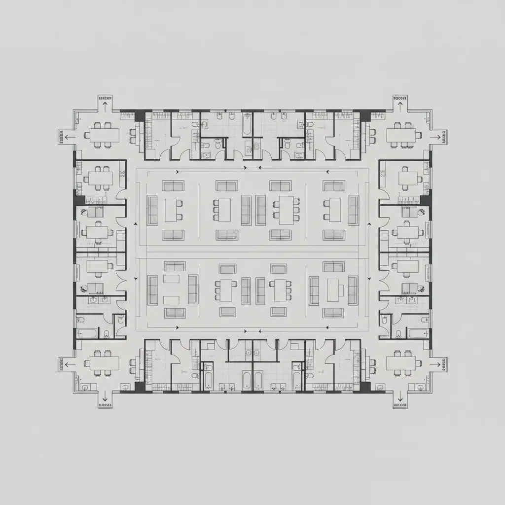 floor plan showing evenly distributed emergency exits around a building perimeter