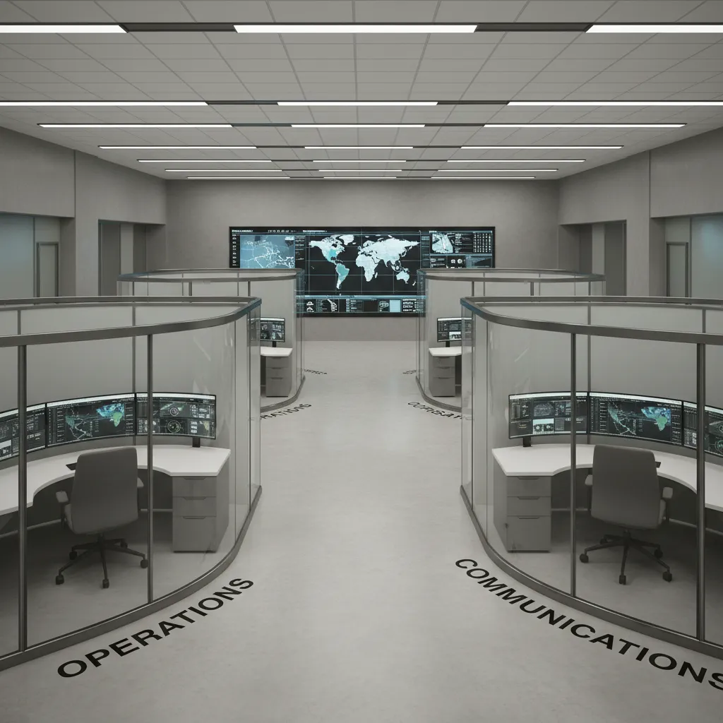 distributed emergency operations center layout with separate departmental workstation zones