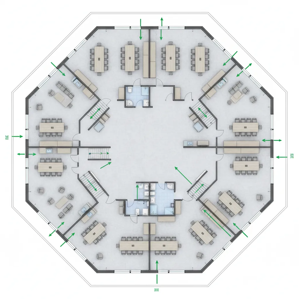 Distributed exit layout with multiple perimeter exits