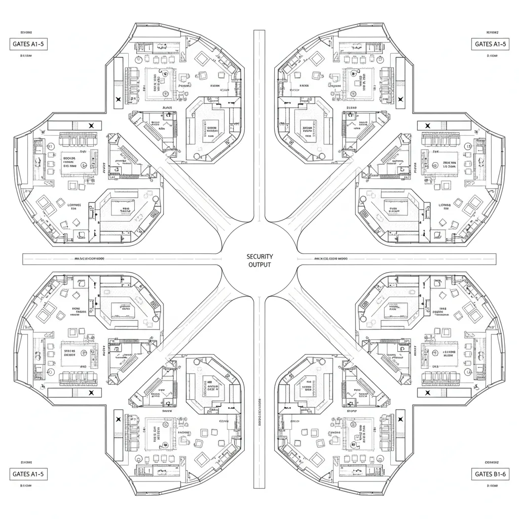 Top-down CAD plan of amenity node hubs dispersing and reconverging to gates
