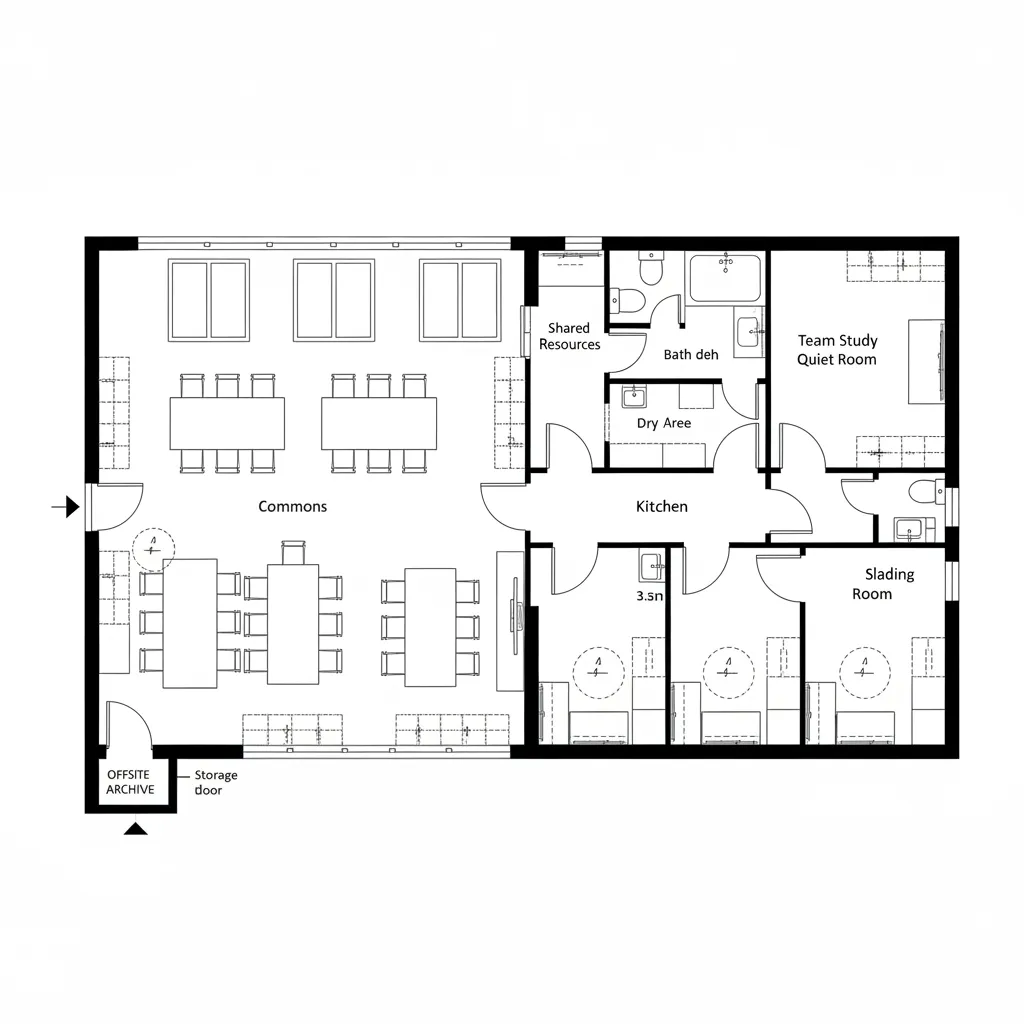 Interior design drawing showing office floor plan with commons kitchen team study area and quiet rooms