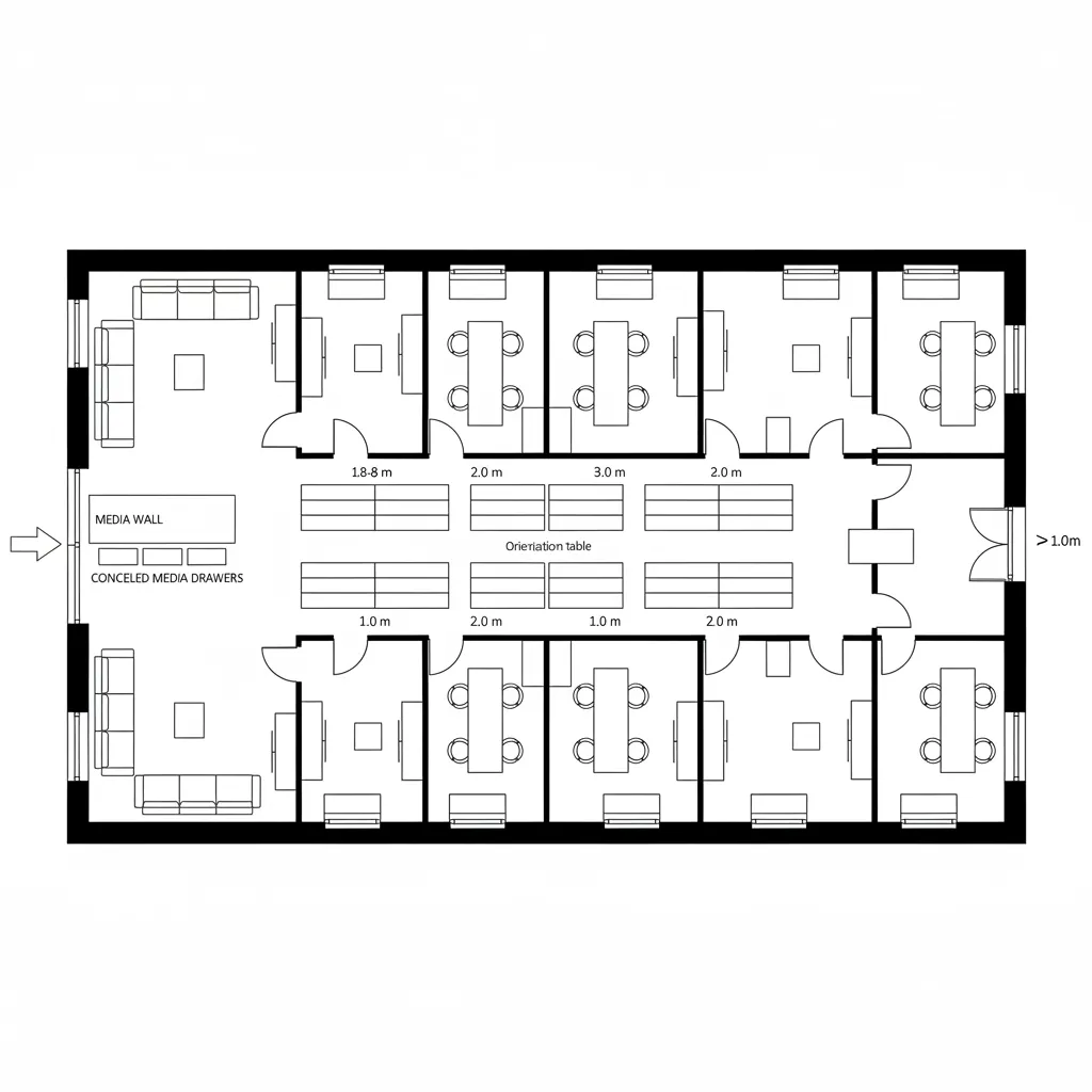 Top-down floor plan of a library with a central shelving spine and alcove branches
