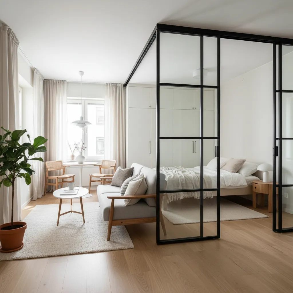 Apartamento pequeño con separación mediante paneles de vidrio