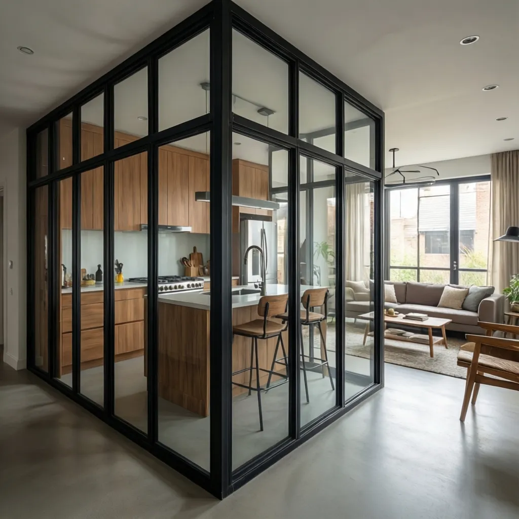 División de vidrio con perfiles negros entre cocina y salón