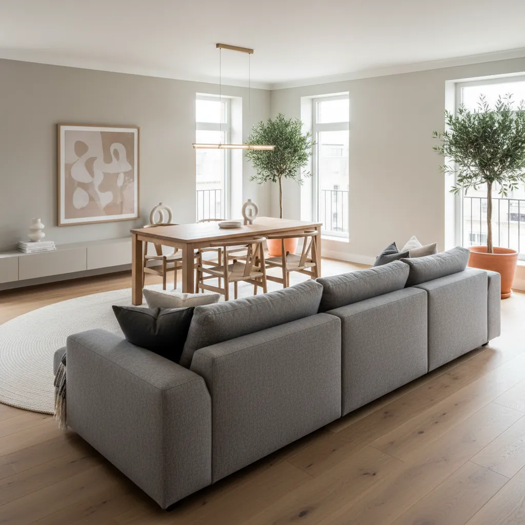 Modern living room with grey sofa wooden dining table potted trees and large bright windows