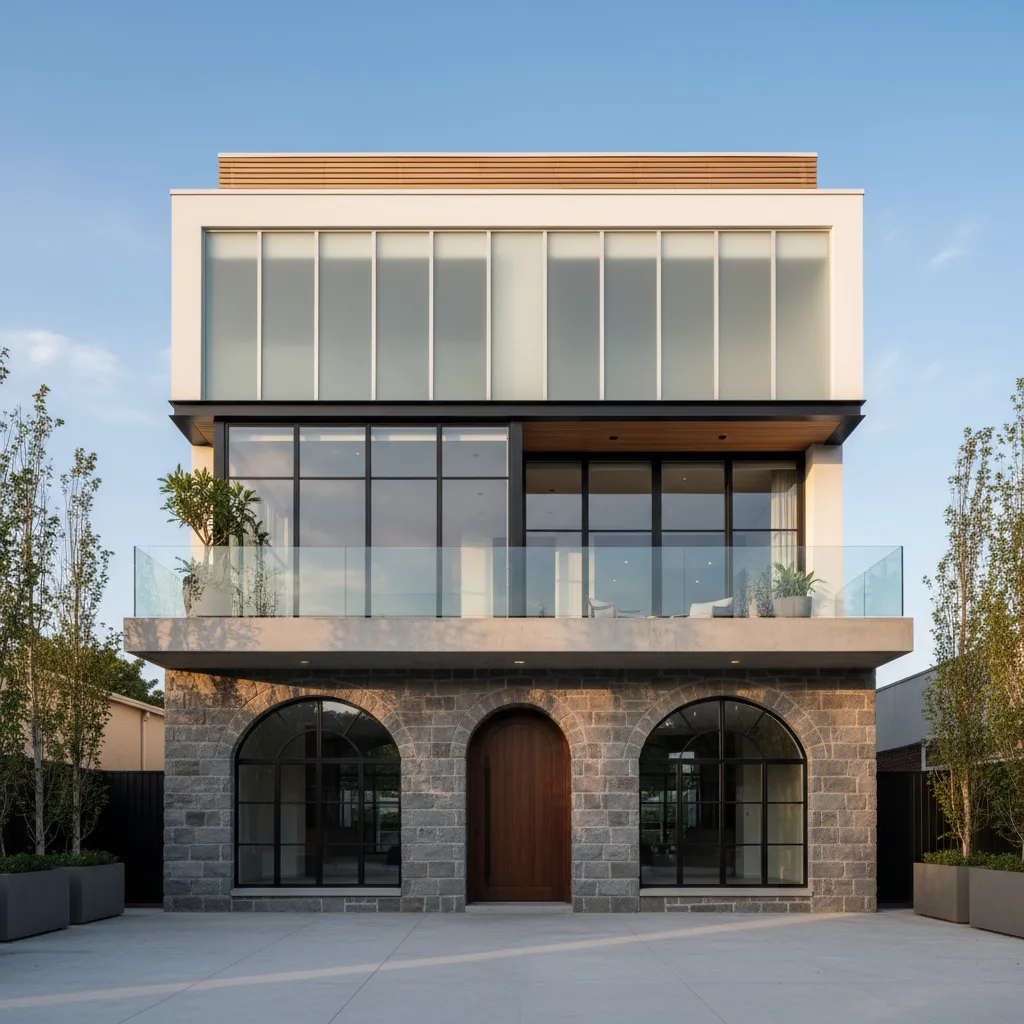 Fachada de casa de tres pisos mostrando base, cuerpo y remate