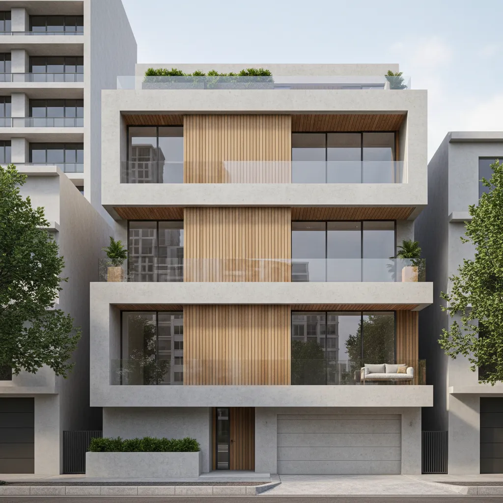 Fachada de casa de tres pisos con volúmenes escalonados