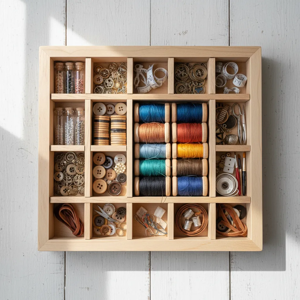 Caja con divisores internos organizando pequeños objetos