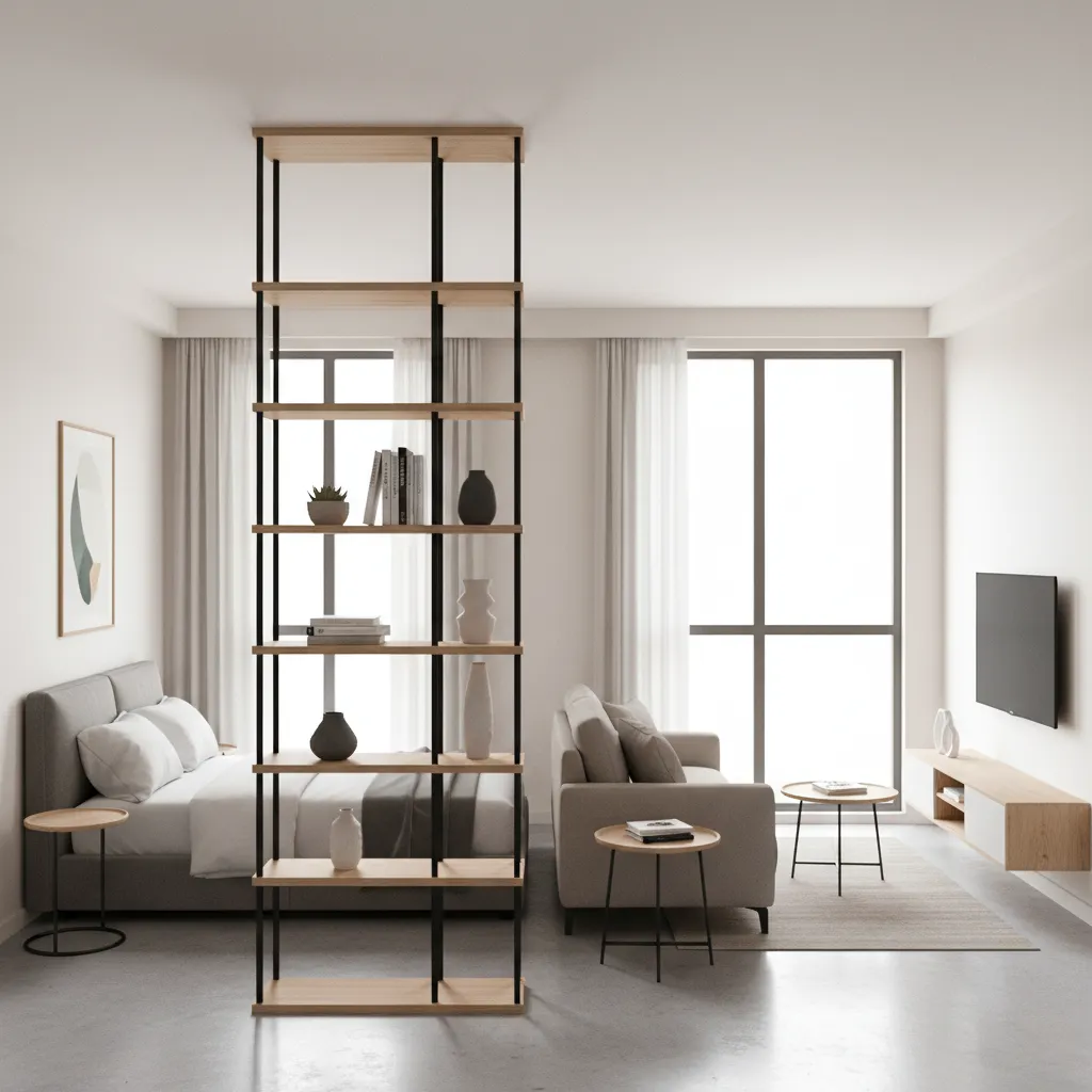 estante divisoria separando quarto em casa pequena