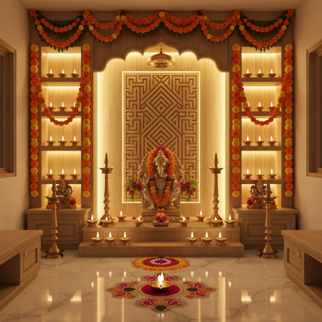 Diwali pooja room with layered diya and warm LED lighting