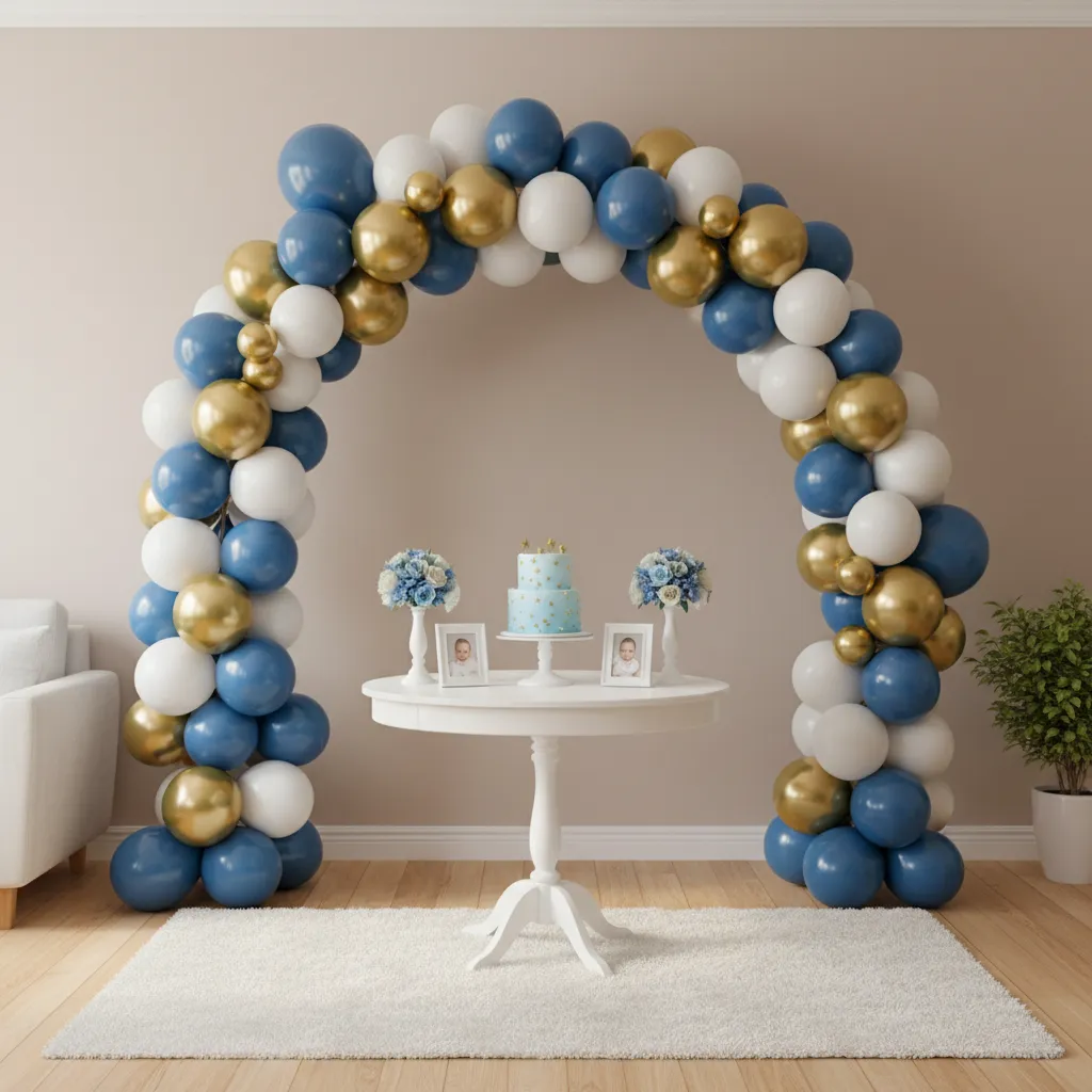 blue balloon arch backdrop for baby boy birthday decoration at home