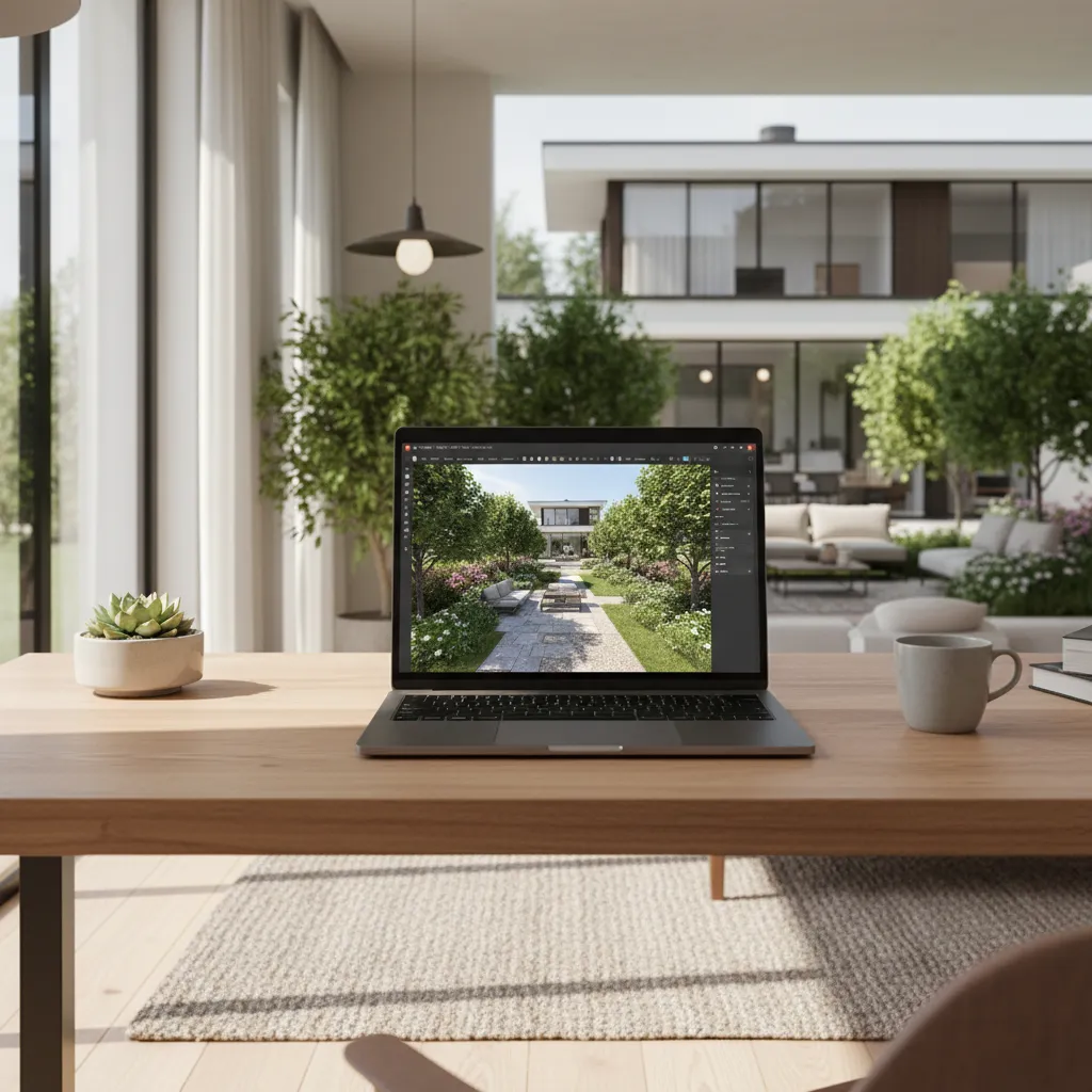Laptop showing backyard landscape design plan with patio trees and pathways