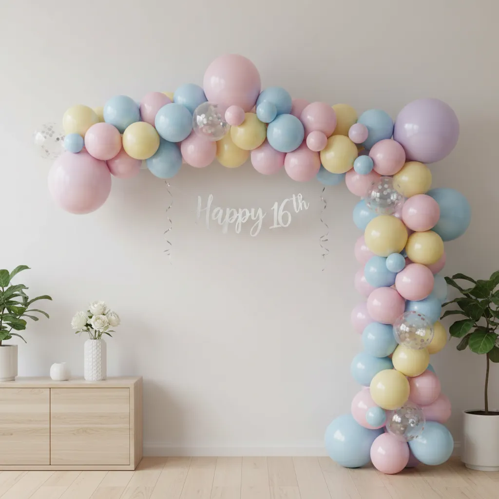 DIY balloon garland decoration being assembled for a birthday party backdrop