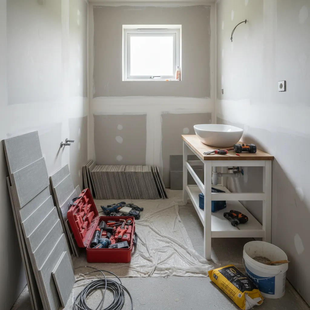 DIY bathroom renovation with tools tiles and partially installed vanity