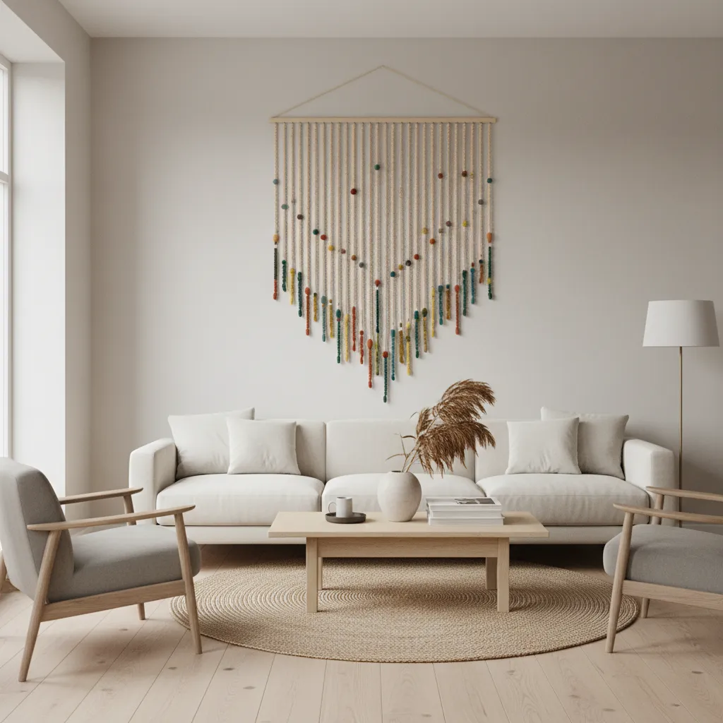 Colorful DIY beaded wall hanging decoration displayed in a modern living room