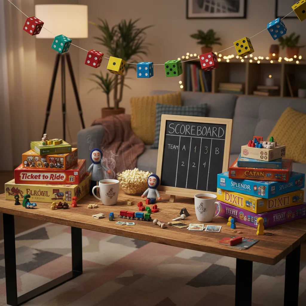 DIY board game decorations on a game night table with handmade dice garlands