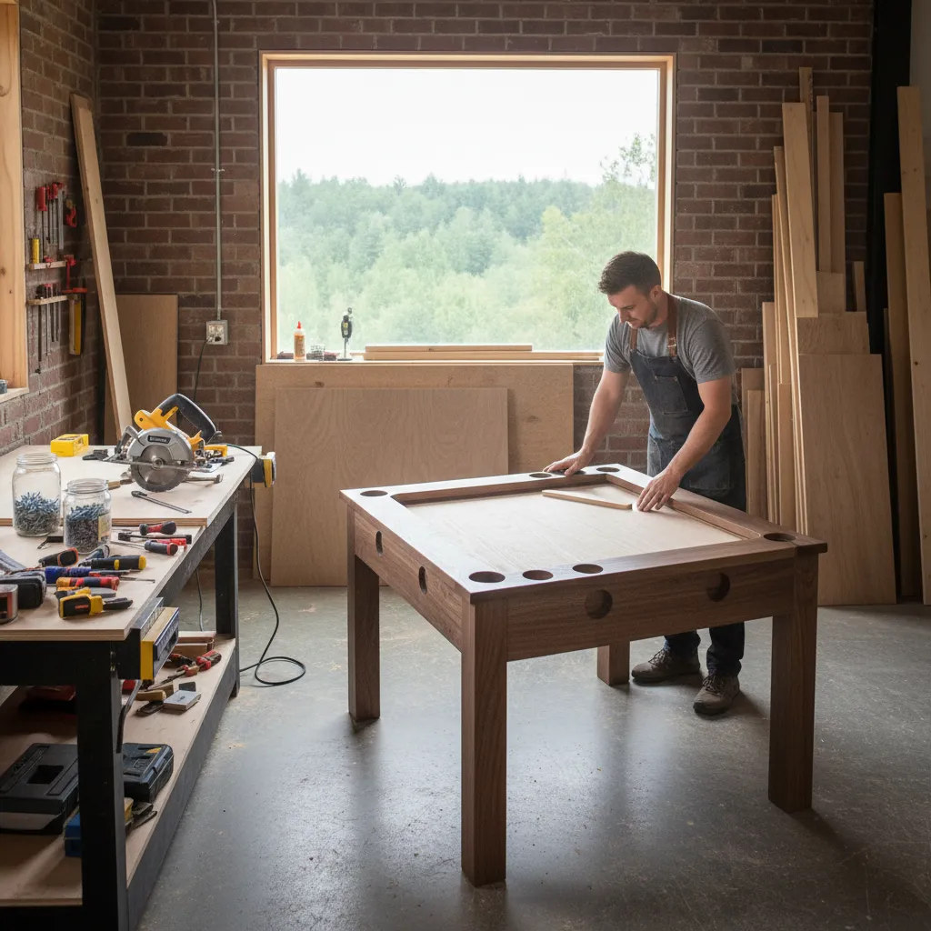 DIY builder assembling plywood board game table in workshop