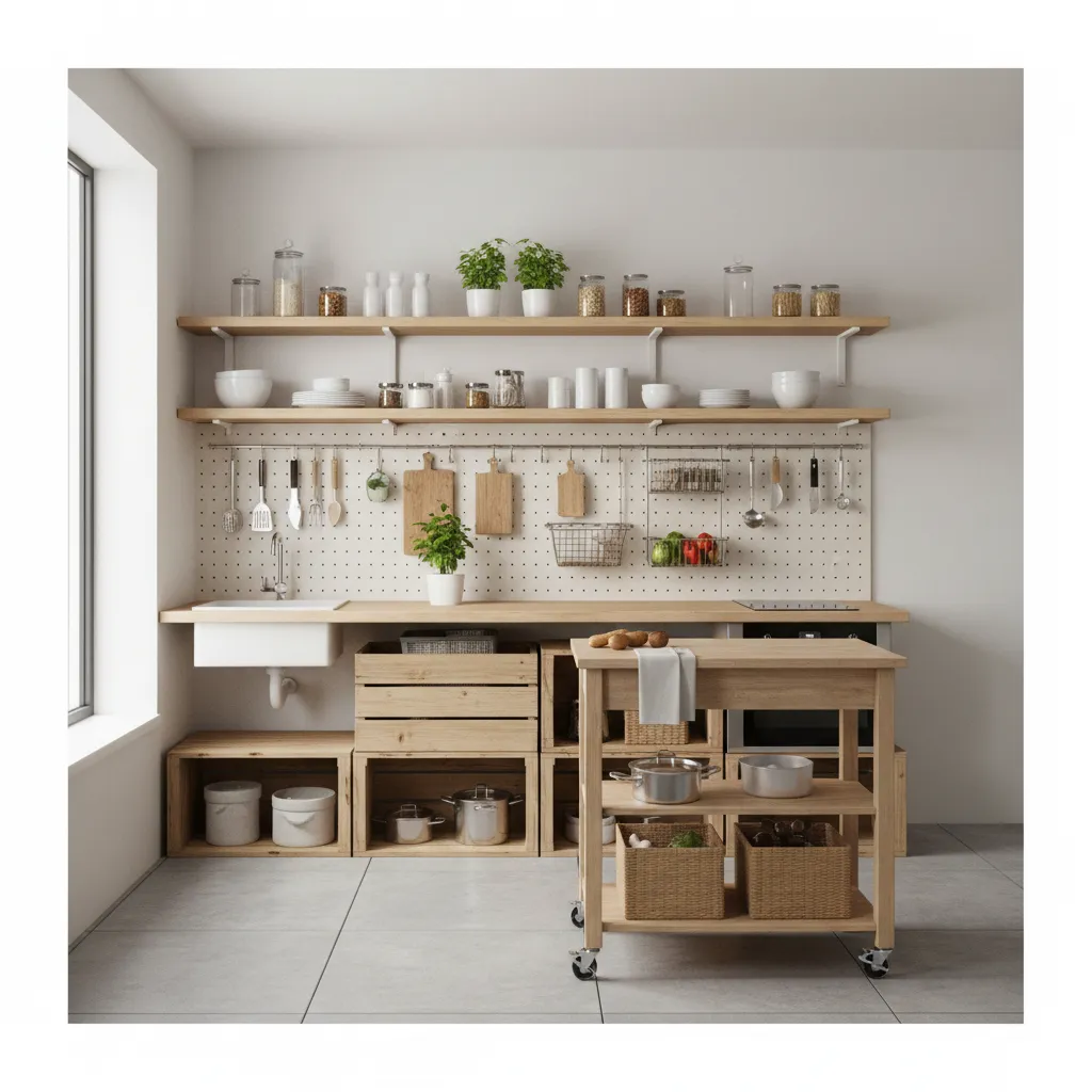 Kitchen with wooden open shelves pegboard storage white sink and a small mobile wood island