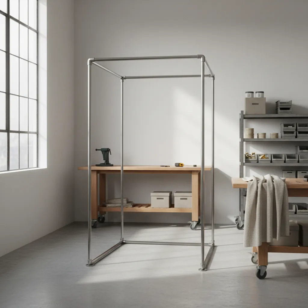 DIY changing room frame made from metal pipes with curtain enclosure