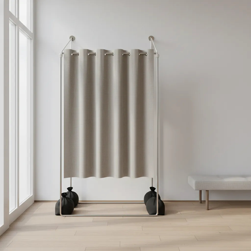 DIY changing room stabilized with weighted base and wall support