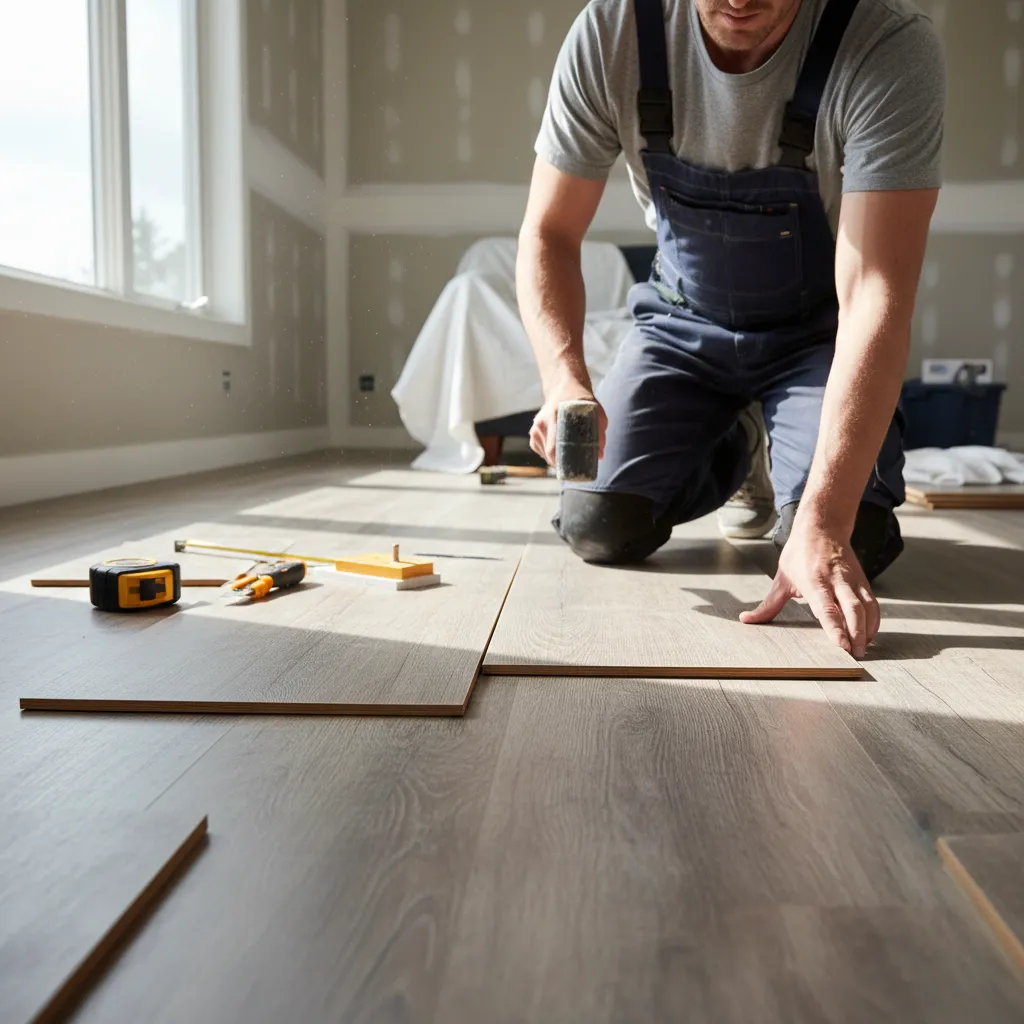 homeowner installing click lock vinyl plank flooring on subfloor
