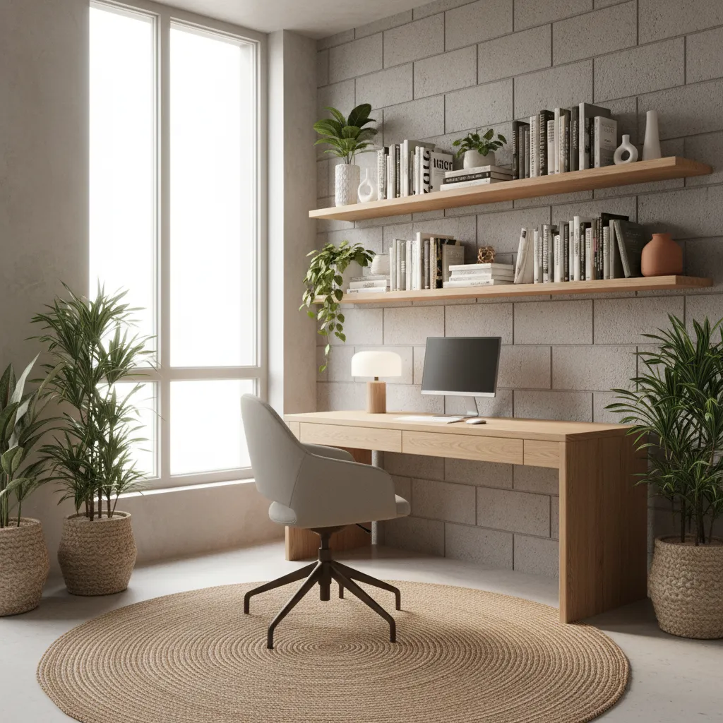 floating shelves mounted on concrete block wall in small home office
