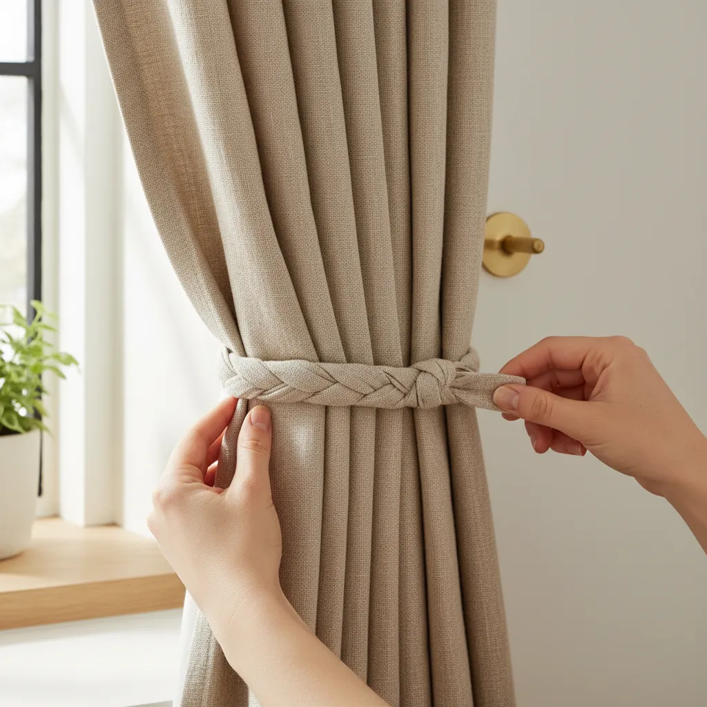Hands adjusting curtain folds and tie back to prevent slipping