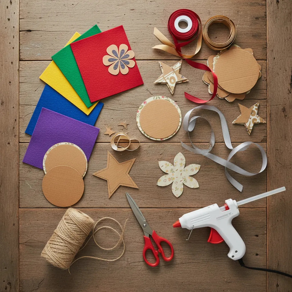 Affordable DIY door decoration craft materials including felt cardboard ribbon and glue gun