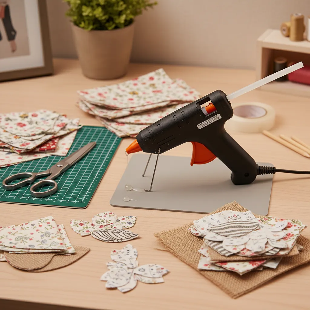 Essential DIY tools for making door decorations including hot glue gun scissors and tape