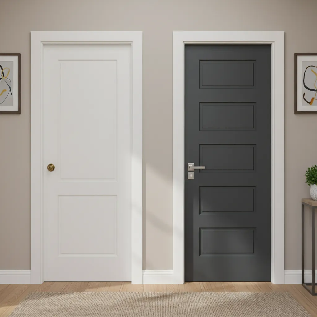 Before and after example of a DIY interior door makeover with paint and panel trim