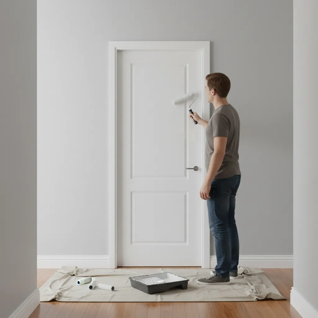 Homeowner painting an interior door during DIY door makeover