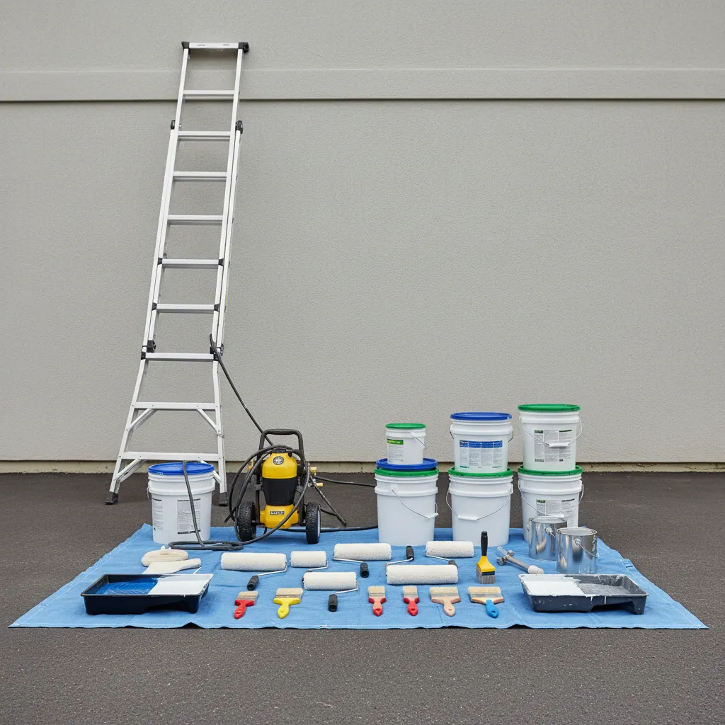 Exterior house painting equipment including ladder sprayer rollers and paint buckets